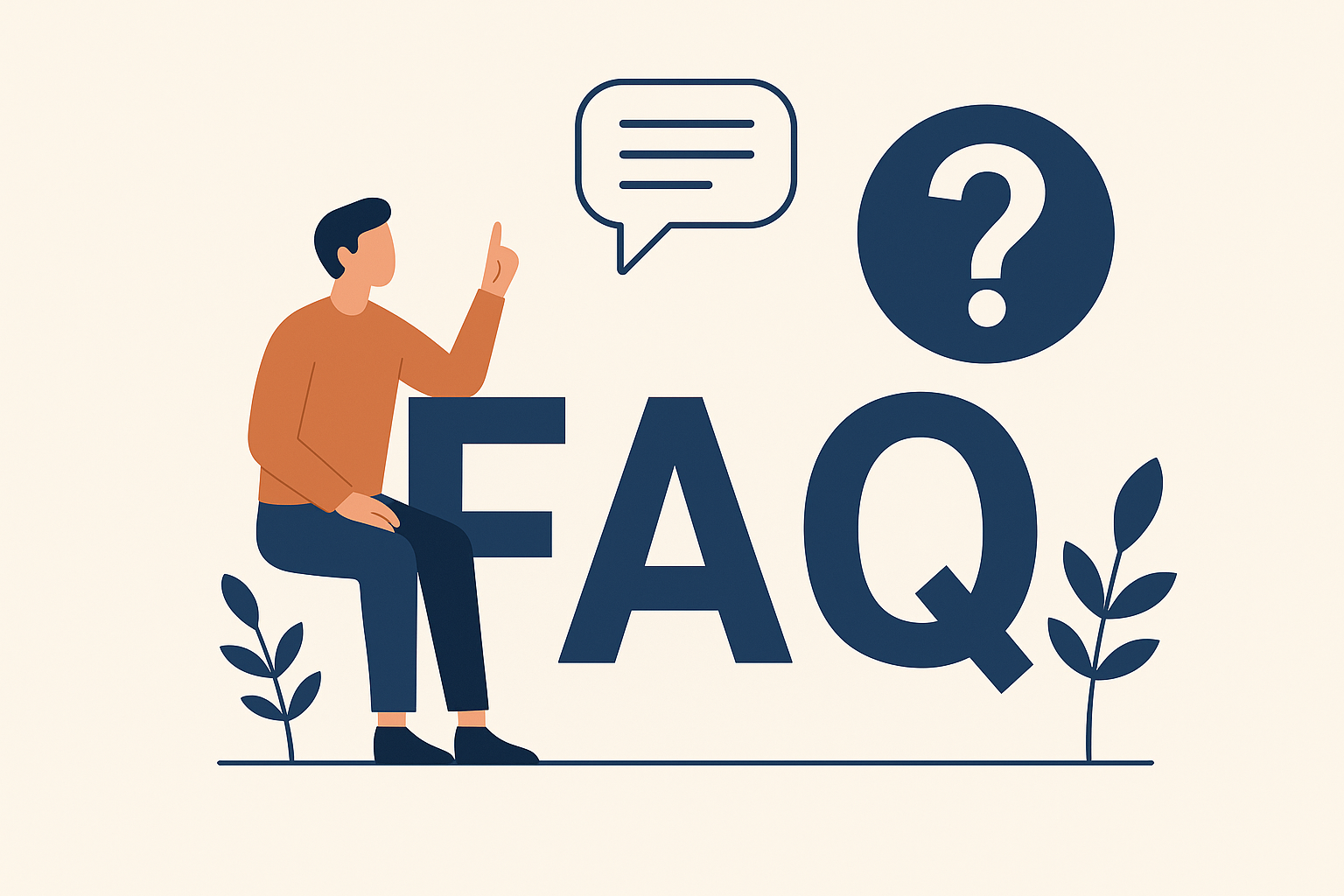 Illustration zu den häufig gestellten Fragen (FAQ): Eine Person sitzt nachdenklich neben dem Schriftzug „FAQ“, ergänzt durch Sprechblase, Fragezeichen und stilisierte Pflanzenelemente – symbolisiert Informationen und Kundenservice.